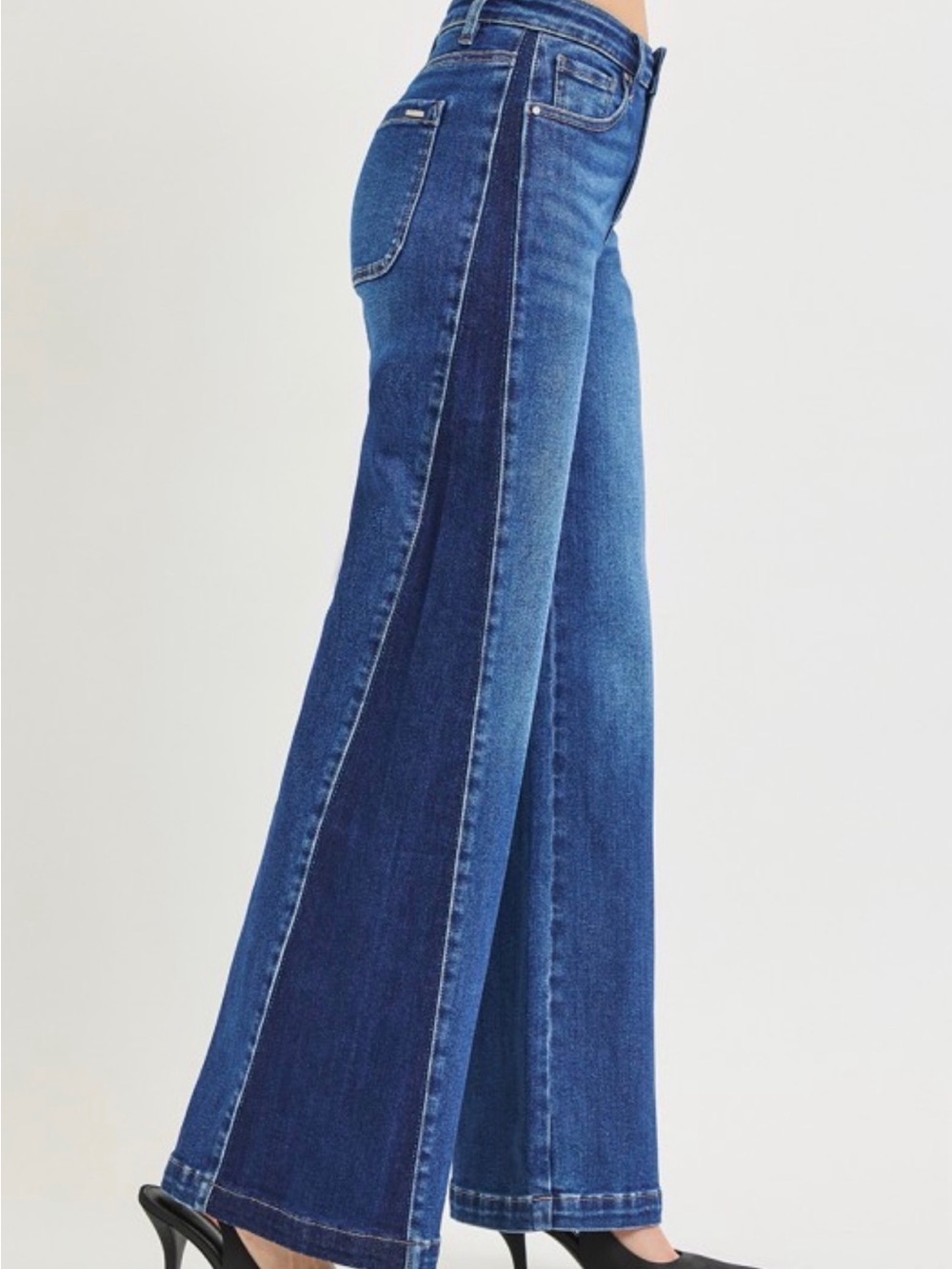 Risen denim High-Rise Two-Tone Wide Leg Jeans - Blue